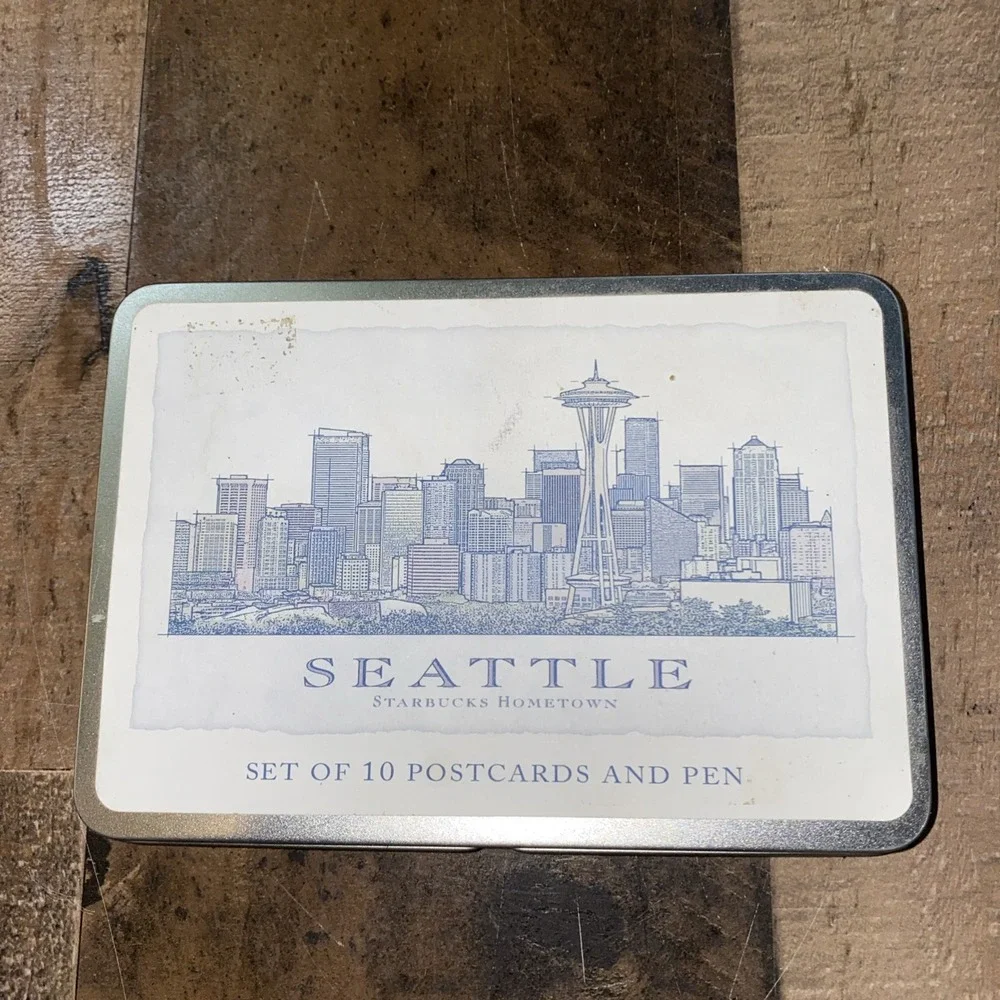 Starbucks Seattle Set of 10 Postcards &‎ Pen in a Decorative Tin, Sealed